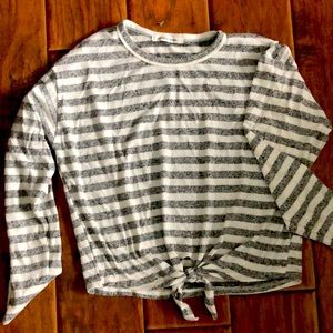 Soft, gray and white striped sweater. Caution to the Wind brand